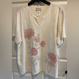 Womens beautiful white top with pink embroidered flowers